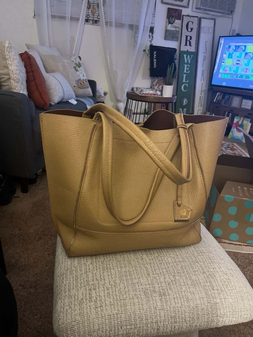 Botkier Soho Tan Pebbled Leather Tote Bag with Zipper Detail